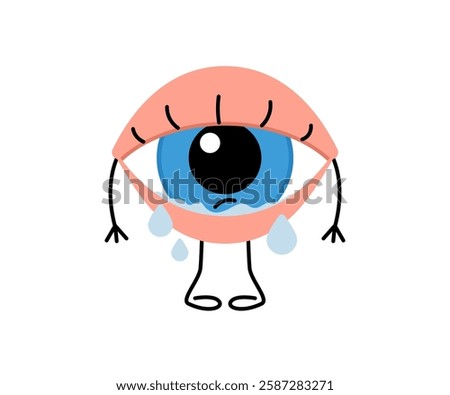 Eye with drops, cry, cute character. Lacrimation, watering. Health eyesight Vector cartoon illustration