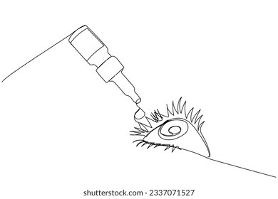 Eye drops, drip eye drops, artificial tear one line art. Continuous line drawing of pharmacy, healthcare, optical, drop, people, conjunctivitis, allergy, ophthalmology. Hand drawn vector illustration