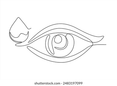 Gotas para los ojos, gotas para los ojos de goteo, lágrima artificial, arte de una línea. Dibujo de línea continua de farmacia, atención médica, óptica, gotas, personas, conjuntivitis, alergia, oftalmología. Ilustración vectorial dibujada a mano