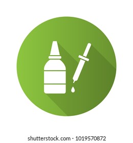 Eye drops and dropper flat design long shadow glyph icon. Liquid bottle. Vector silhouette illustration