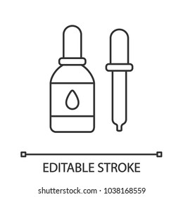 Eye drops and dropper linear icon. Thin line illustration. Medicine. Liquid bottle. Contour symbol. Vector isolated outline drawing. Editable stroke