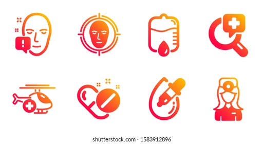 Eye drops, Face attention and Drop counter line icons set. Medical helicopter, Medical pills and Face detect signs. Oculist doctor symbol. Pipette, Exclamation mark. Healthcare set. Vector