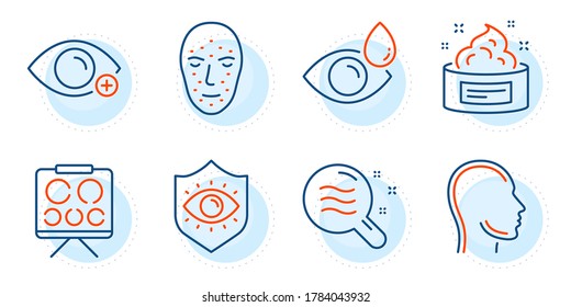 Gotas oculares, biometría facial y signos de cabeza. Estado de la piel, conjunto de iconos de la línea de protección de la crema de piel y ojos. La perspicacia, los símbolos del tablero de la visión. Ampliador de búsqueda, cosmética médica. Equipo médico. Vector