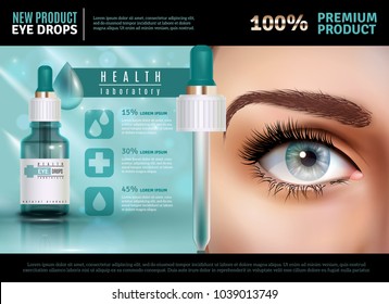 Eye drops in glass vial with pipette realistic poster with product advertising 3d vector illustration 