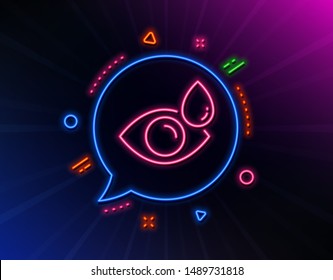 Eye drops line icon. Neon laser lights. Oculist clinic sign. Optometry vision symbol. Glow laser speech bubble. Neon lights chat bubble. Banner badge with eye drops icon. Vector