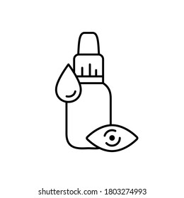 Eye Drops. Linear Icon Of Liquid Medication To Moisturize, Treatment. Black Simple Illustration Of Bottle, Medicine Drop, Eyeball. Contour Isolated Vector Pictogram On White Background