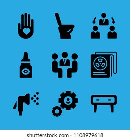 eye drops, newspaper, settings, manager, watering, heart on the palm, toilet, meeting and cupboard vector icon. Simple icons set