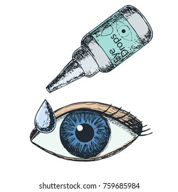 Eye drops on white background, sketch cartoon illustration of medical accessory for correct vision. Vector