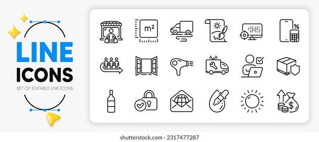 Eye drops, Queue and Wine bottle line icons set for app include Delivery route, Market buyer, Car service outline thin icon. Sunny weather, Verified locker, Web mail pictogram icon. Vector
