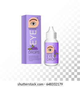 Eye drops realistic package and container.  Plastic container with soothing eye drops. Vector mockup of isolated objects on white background