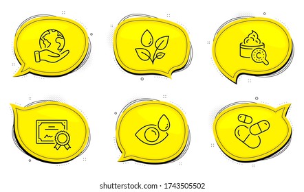 Eye drops sign. Diploma certificate, save planet chat bubbles. Plants watering, Collagen skin and Capsule pill line icons set. Water drop, Skin care, Medicine drugs. Check vision. Vector