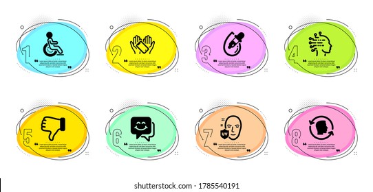 Gotas oculares, cara sonriente y señas de la mano no gustosas. Infografía de la línea de tiempo. Discapacidad, protección Uv e iconos de la línea de retención de Smartphone ajustados. ID de cara, símbolos de inteligencia artificial. Vector