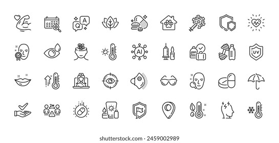 Eye drops, Social distance and Face verified line icons pack. AI, Question and Answer, Map pin icons. Thermometer, Organic tested, Medical vaccination web icon. Vector