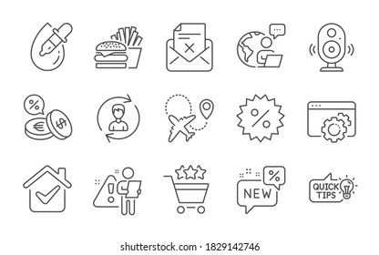 Eye drops, Speaker and Reject letter line icons set. New, Currency exchange and Airplane signs. Human resources, Shopping rating and Seo gear symbols. Burger, Discount and Education idea. Vector
