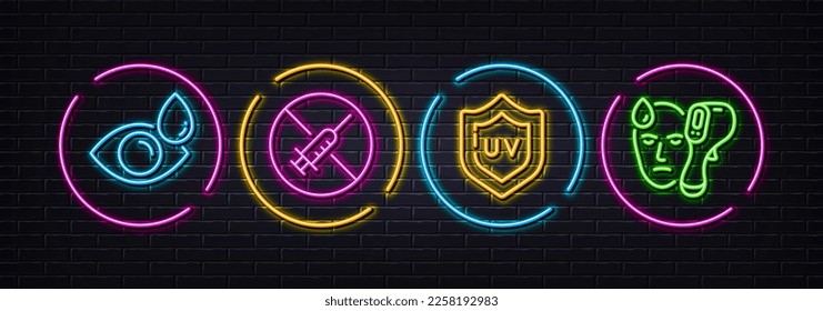 Colirio, protección de Uv y iconos de línea mínimos sin vacuna. Luces 3d láser neón. Iconos electrónicos del termómetro. Para web, aplicación, impresión. Comprobar la visión, crema cutánea, suspender la vacunación. Vector