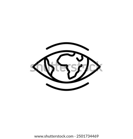 Eye Earth icon. A minimalist vector illustration featuring a globe within an eye. Perfect for projects related to global perspectives, and vision-related concepts. Vector illustration.
