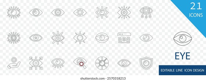 Eye editable line icon set. containing isolated, cartoon, white,  vision, see, optical, eyeball and more stroke icons