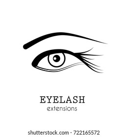 Eye emblem with eyelash extension isolated on white background. Stock vector illustration of logo for make-up service, beauty salon procedure, make up artist.