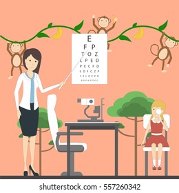 Eye exam for children with doctor and girl in ophtalmologist's office with decoration. Preparing for school. Healthcare for children.