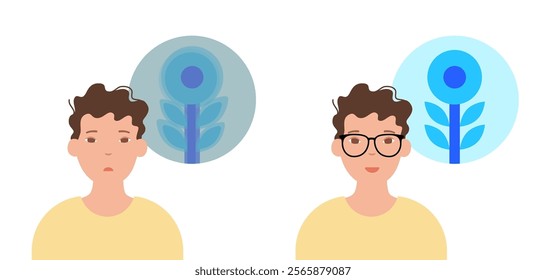 Eye exam in clinic concept. Detecting eye disease, vision checkup poster. Human vision before and after treatment. Ophthalmologist choosing glasses for patient, flat eyesight test vector illustration