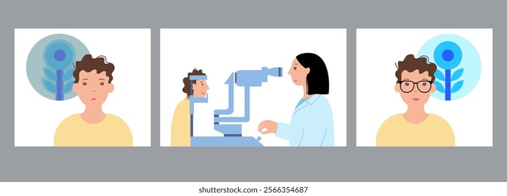 Eye exam in clinic with slit lamp. A microscope with a bright light directed at the eye. Human vision before and after treatment. Ophthalmologist choosing glasses for patient flat vector illustration