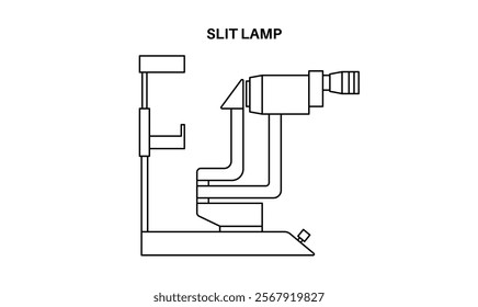 Eye exam in clinic with slit lamp. Microscope with a bright light. Detecting eye disease concept. Ophthalmologist look at the different structures at the front of the eye flat vector illustration.