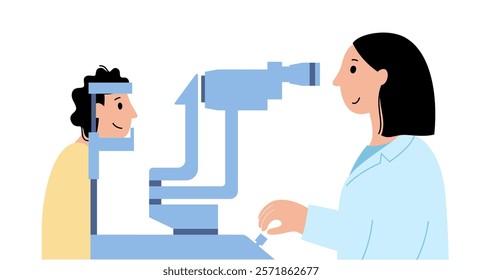 Eye exam in clinic with slit lamp. Microscope with a bright light. Detecting eye disease in a child. Ophthalmologist look at the different structures at the front of the eye flat vector illustration.