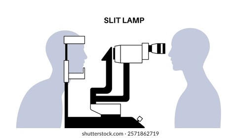 Eye exam in clinic with slit lamp. Microscope with a bright light. Detecting eye disease concept. Ophthalmologist look at the different structures at the front of the eye flat vector illustration.