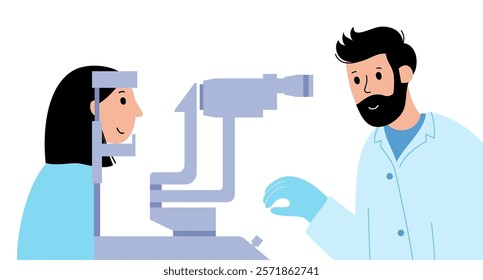 Eye exam in clinic with slit lamp. Microscope with a bright light. Detecting eye disease concept. Ophthalmologist look at the different structures at the front of the eye flat vector illustration.