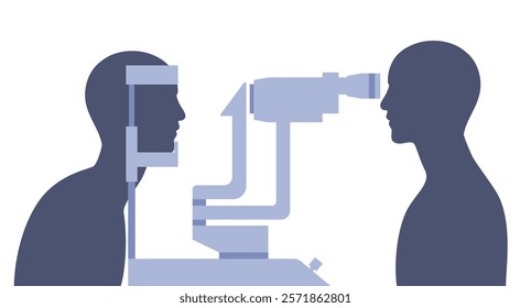 Eye exam in clinic with slit lamp. Microscope with a bright light. Detecting eye disease concept. Ophthalmologist look at the different structures at the front of the eye flat vector illustration.