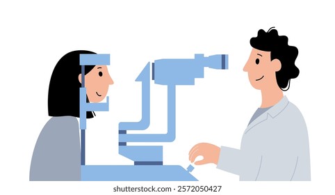 Eye exam in clinic with slit lamp. Microscope with a bright light. Detecting eye disease concept. Ophthalmologist look at the different structures at the front of the eye flat vector illustration.