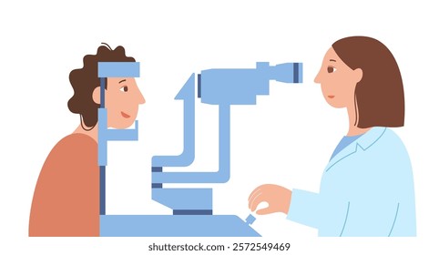 Eye exam in clinic with slit lamp. Microscope with a bright light. Detecting eye disease concept. Ophthalmologist look at the different structures at the front of the eye flat vector illustration.