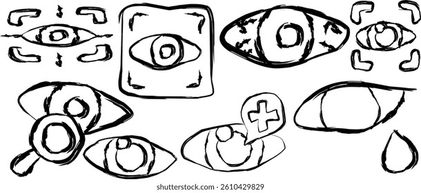 Eye Exam icons collection in doodle style. hand drawn icons of eye irritation, results, scan, sunglasses, eye fatigue, eye drops