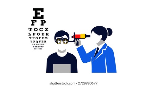 Cena de exame ocular, oftalmologista verificando a visão do paciente usando foróptero