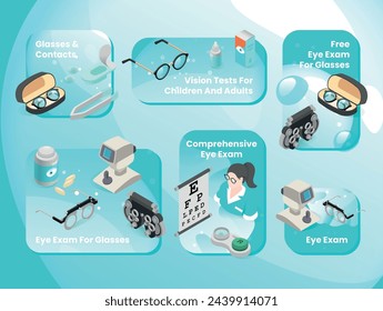 Eye exam vision ophthalmology medical observed isometric banner design template set vector illustration. Sight checking examination problem prevention health care optical test eyesight check up