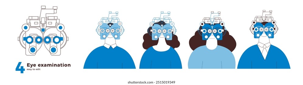 Eye examination collection. Optometry. Male and Female Perform Eye Test with Manual Vision Tester. Black and White Modern Flat Vector Illustration. Social Media Template.