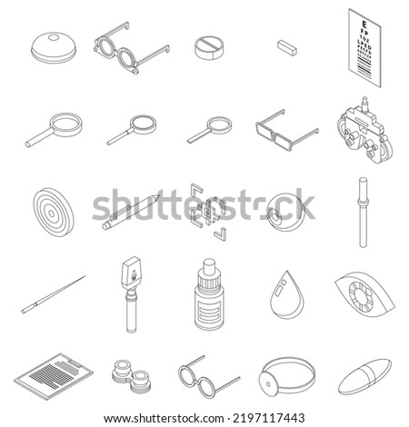 Eye examination icons set. Isometric set of eye examination vector icons outline thin lne isolated on white