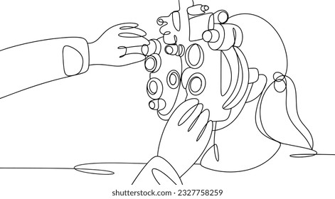 Augenuntersuchung mit einem ophthalmischen Refraktor. Tag des Ophthalmologen. Eine Zeilenzeichnung für verschiedene Verwendungszwecke. Vektorgrafik.