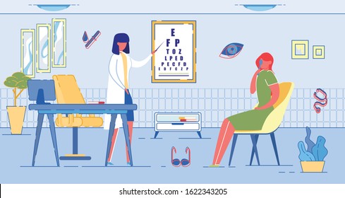 Eye Examination and Optics for Vision Correction - Glasses and Lenses. Reception at Doctor Oculist or Optometrist. Healthy Eyesight Preservation and Eye Disease Prevention. Flat Vector Illustration.