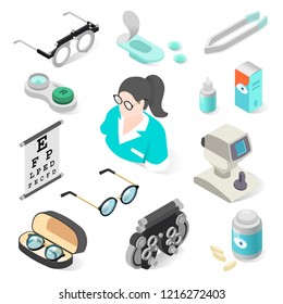 Eye examination professional equipment and ophthalmology set. Orthoptist assessing vision and ability to focus. Vector isometric illustration on white background