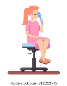 Eye examination semi flat RGB color vector illustration. Health screening. Smiling girl checking eye vision isolated cartoon character on white background