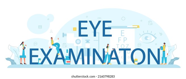 Eye examination typographic header. Eyesight diagnosis and vision laser correction. Ophthalmology specialist. Flat vector illustration
