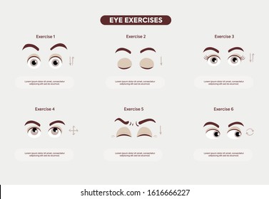 Eye exercise set. Movement for eyes relaxation. Eyeball, eyelash and brow in flat style. Vector illustration