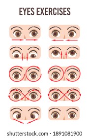 Juego de ejercicios oculares. Movimiento por la relajación de los ojos. Béisbol, pestañas y frente. Mirando en varias direcciones. Ilustración vectorial aislada. Gimnasia del ejercicio de la visión ocular. Salud de la vista humana.