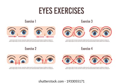 Juego de ejercicios oculares. Movimiento por la relajación de los ojos. Béisbol, pestañas y frente. Mirando en varias direcciones. Ilustración vectorial aislada. Gimnasia del ejercicio de la visión ocular. Salud de la vista humana.