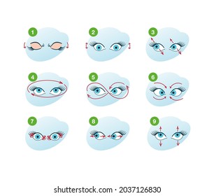 Eye exercise set. Movement for eyes relaxation. Looking in various direction.