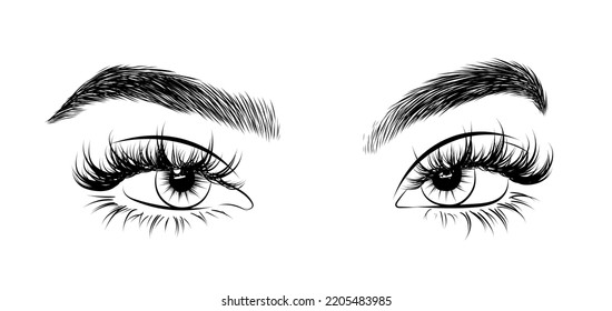 Eye Extension Illustration For Salon Socila Media, Logo, Icon. New Trendy Wet Look Lashes. Natural Full Eyerbows.