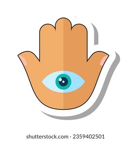 Eye or eyeball in center of open palm. All seeing eye of hamsa. Mystical religious signs and symbols, objects of cult worship concept. Flat paper sticker isolated on white background