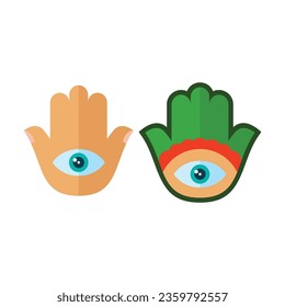 Ojo u ojo en el centro del vector de palma. Símbolo místico religioso. Icono de vector plano multicolor que representa gestos de mano y concepto de acciones aislados en fondo blanco