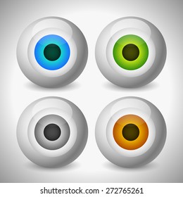 Eye, eyeball graphics in different colors. Gray, green, brown and blue eyes. Editable vector.